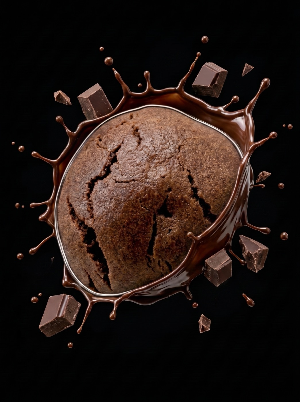 Galleta de chocolate explotando en chocolate derretido y trozos de cacao